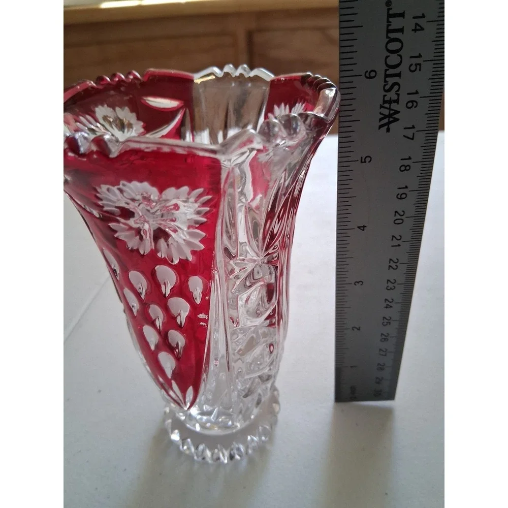 Vintage Ruby Red Cut to Clear Crystal Vase Floral Scalloped Rim Bohemian 6 inch